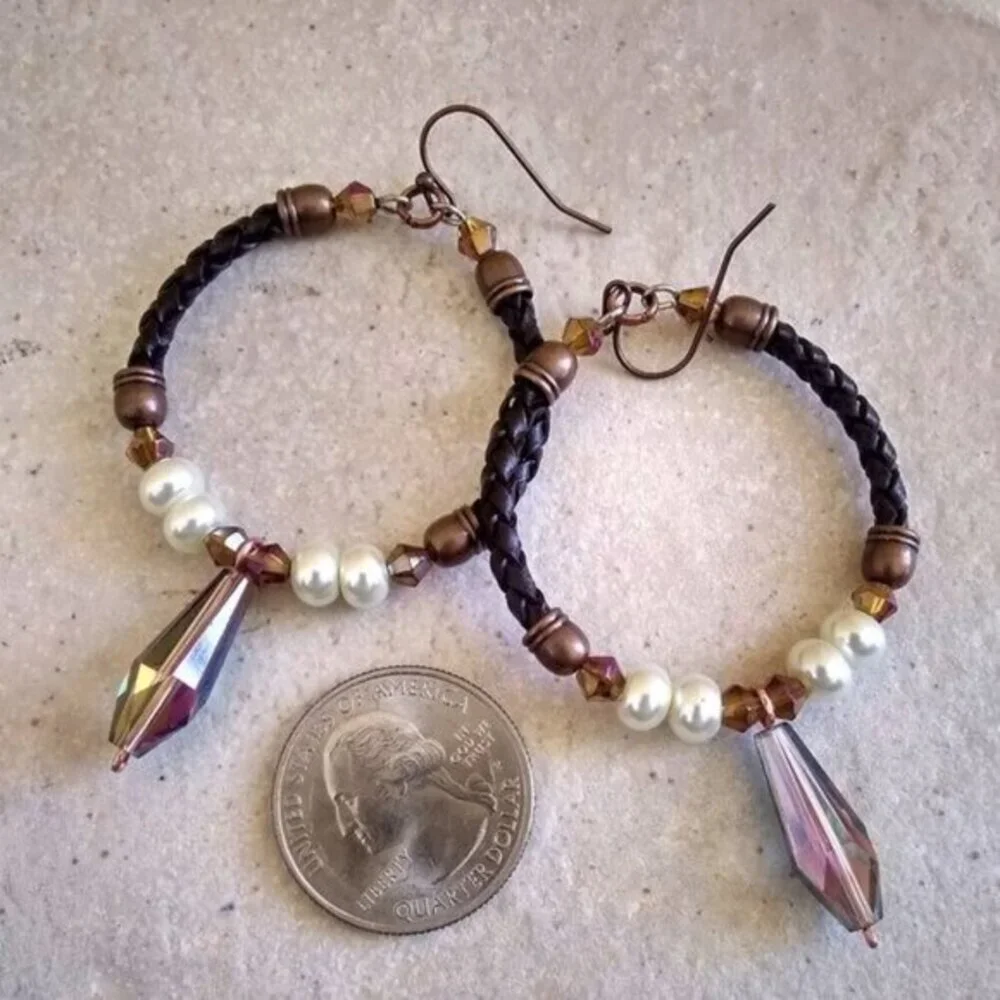 SEXY!!! Boho Hoop Earrings w. Leather, Crystals & Pearls - Total KickA$$ Hoops!